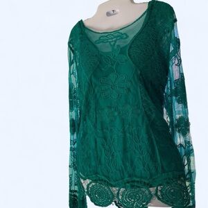 Teal Lace top with Floral embroidery sheer sleeves L BFA Classics